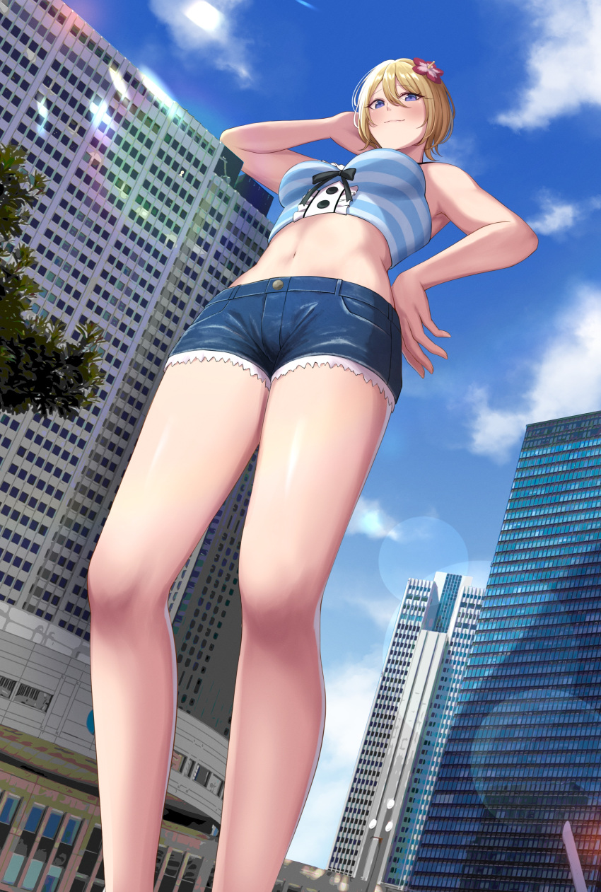 absurdres arm_behind_head blonde_hair blue_eyes blue_shirt building city closed_mouth cropped_shirt day denim denim_shorts feet_out_of_frame female flower giant giantess hair_flower hair_ornament hand_on_own_hip highres hououji_akane legs lens_flare looking_at_viewer megami_no_cafe_terrace navel numaguro_(tomokun0808) outdoors real_world_location shinjuku_(tokyo) shirt shorts sky skyscraper solo striped_clothes striped_shirt tokyo_(city)