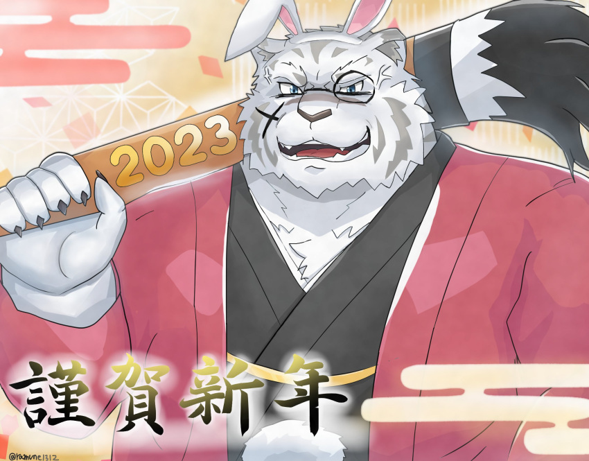 2023 5_fingers anthro asian_clothing blue_eyes bodypaint cjk_character clothing east_asian_clothing face_paint fake_ears fake_rabbit_ears fake_smile felid fingers fur grimoire_of_zero hi_res holidays japanese_clothing kimono male mammal mercenary_(grimoire_of_zero) new_year pantherine ramune1312 smile smiling_at_viewer solo tiger white_body white_fur writing_brush