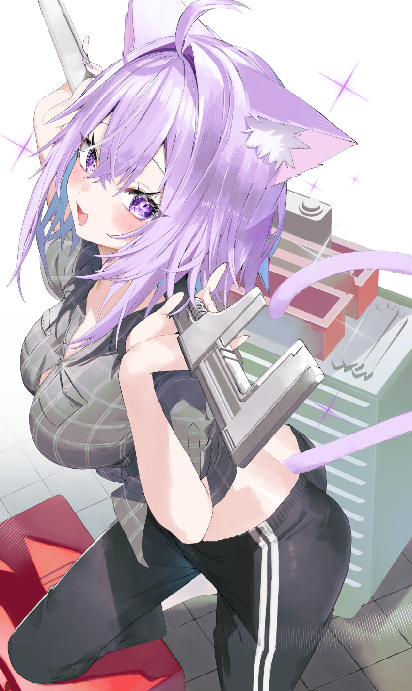 absurdres ahoge alternate_costume animal_ear_fluff animal_ears black_pants blush breasts cat_ears cat_girl commentary crop_top female grey_shirt highres holding holding_wrench hololive kamioka_shun'ya large_breasts looking_at_viewer nail_polish nekomata_okayu pants purple_eyes purple_hair purple_nails shirt smile solo symbol-only_commentary toolbox virtual_youtuber wrench