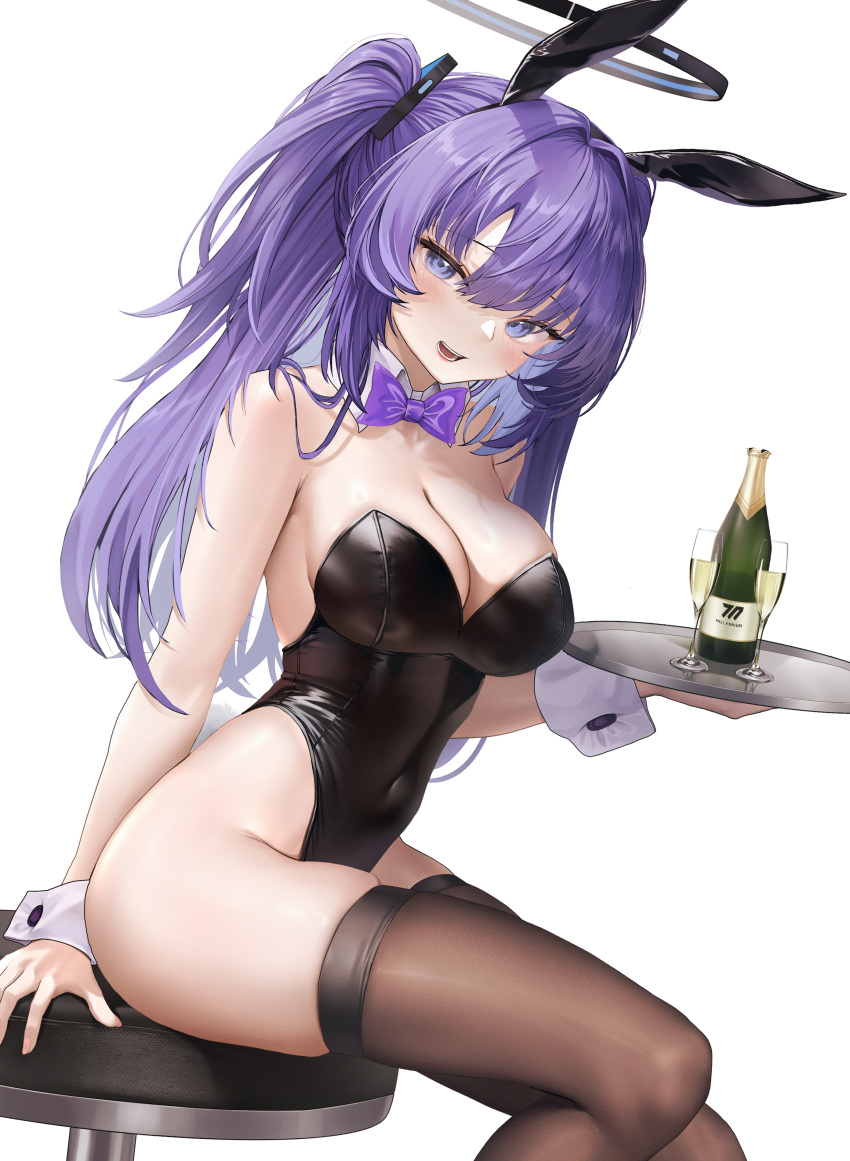 absurdres animal_ears arm_support black_halo black_leotard black_pantyhose black_thighhighs blue_archive blue_eyes blue_hair blush bottle breasts chair champagne_flute cleavage commentary_request cup drinking_glass fake_animal_ears female halo highleg highleg_leotard highres holding holding_tray large_breasts leotard long_hair looking_at_viewer lp_(lp0000_k) on_chair open_mouth pantyhose playboy_bunny rabbit_ears simple_background sitting skindentation smile solo strapless strapless_leotard thighhighs thighs tray triangle_hair_ornament two_side_up white_background white_wrist_cuffs wine_bottle wrist_cuffs yuuka_(blue_archive)