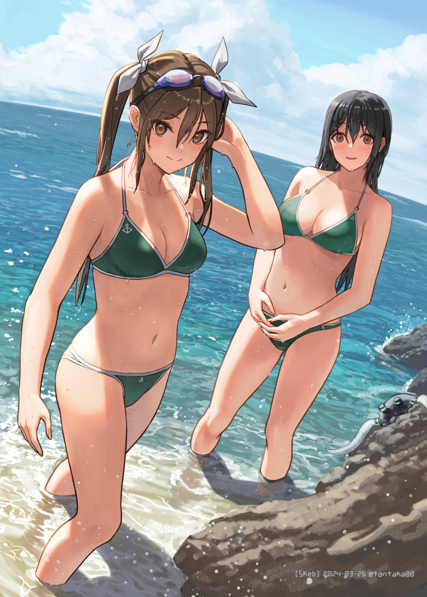 2girls absurdres bare_arms bare_legs bare_shoulders bikini black_hair blush breasts brown_eyes brown_hair chikuma_(kancolle) cleavage closed_mouth collarbone commission dated day goggles goggles_on_head green_bikini hair_between_eyes halterneck highres kantai_collection long_hair looking_at_viewer medium_breasts multiple_girls navel ocean open_mouth outdoors shore skeb_commission smile string_bikini swimsuit tantaka tone_(kancolle) twintails twitter_username wading water