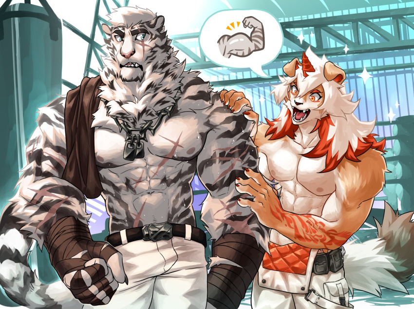 abs animal_ears arknights arm_tattoo bandaged_hand bandages bara blue_eyes chain_necklace chains chirenbo claws cross_scar english_commentary fangs furry furry_male highres holding_another's_arm horns hung_(arknights) jewelry komainu_boy komainu_ears komainu_tail looking_at_another male_focus mountain_(arknights) multiple_scars muscular muscular_male navel necklace nipples open_mouth orange_eyes pants pectorals punching_bag scar scar_across_eye scar_on_arm scar_on_cheek scar_on_chest scar_on_face scar_on_nose scar_on_stomach single_horn speech_bubble tail tattoo tiger_boy tiger_ears tiger_stripes tiger_tail topless_male walking white_pants