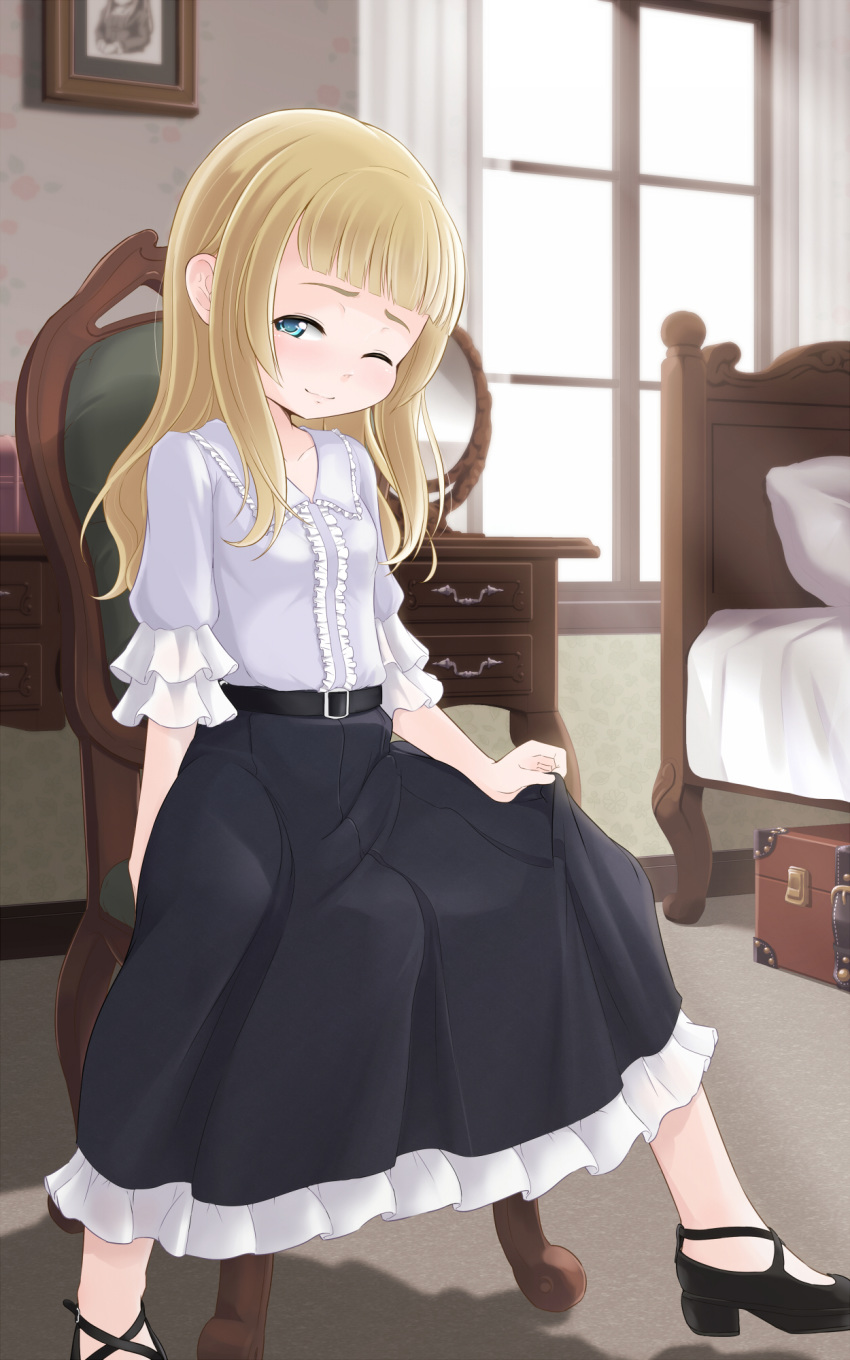 bed bedroom belt black_footwear black_skirt blonde_hair blue_eyes chair commentary_request female highres hoono_yurumu indoors long_hair mirror one_eye_closed original shirt shoes sitting skirt smile solo suitcase white_shirt window