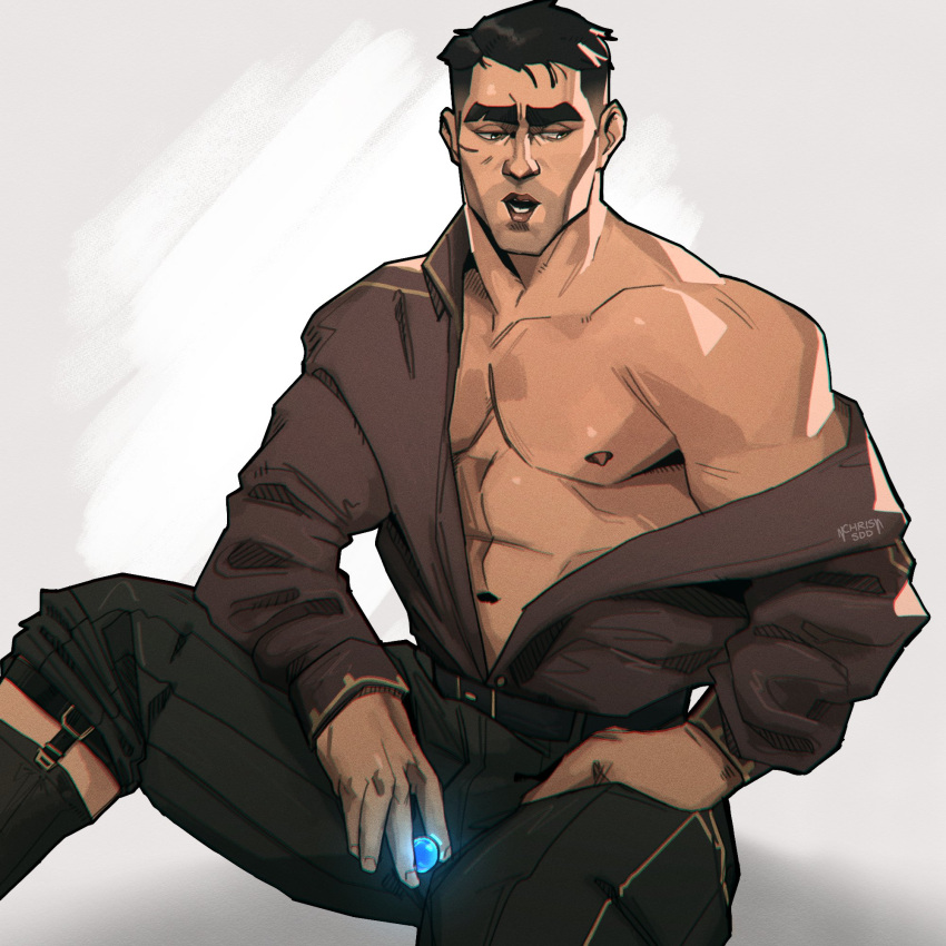 1boy 2022 abs arcane arcane_jayce bara barazoku biceps blush chris_sdd clothing gay hi_res highres jayce_talis league_of_legends male male_focus male_only manly muscles muscular muscular_arms muscular_male nipples riot_games solo solo_male