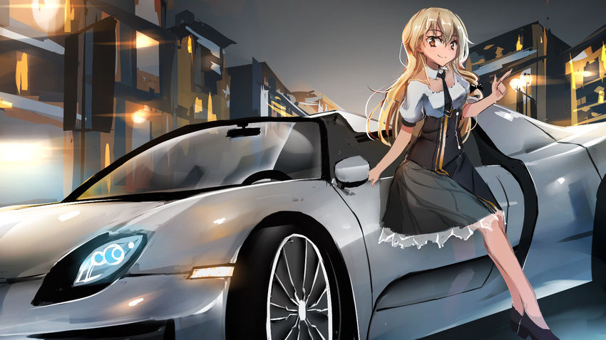 adapted_costume alternate_costume backlighting black_footwear black_skirt blonde_hair bow braid breasts building car city commentary female finger_gun grey_background hairbow highres kietai_na kirisame_marisa lamppost legs long_hair looking_down looking_to_the_side medium_breasts motor_vehicle necktie night no_headwear no_legwear photoshop_(medium) pointing porsche porsche_918 puffy_short_sleeves puffy_sleeves revision see-through_silhouette shirt shoes short_sleeves single_braid skirt smile solo sports_car thighs touhou vehicle_focus vest white_shirt