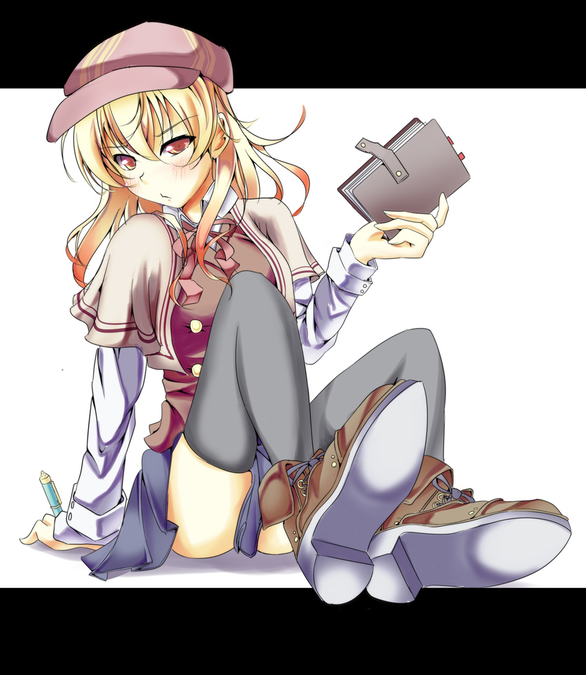 absurdres black_thighhighs blonde_hair blush book cabbie_hat capelet commentary_request female gumitaroo hat highres ikkyuu_tensai long_hair looking_away multicolored_hair orange_eyes photoshop_(medium) ryuugajou_nanana_no_maizoukin solo thighhighs two-tone_hair