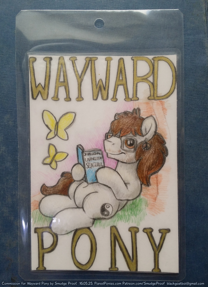 arthropod butterfly con_badge eyewear fan_character glasses grass hasbro hi_res insects lepidopteran male my_little_pony photo plant smudge_proof solo text tree url wayward_pony