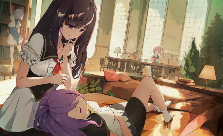 5girls absurdres alpha_(lapis_re:lights) arient5888 black_hair blush bookshelf breasts character_request closed_eyes closed_mouth emilia_(lapis_re:lights) flora_girls_academy_school_uniform garnet_(lapis_re:lights) high_ponytail highres indoors lapis_re:lights large_breasts long_hair looking_at_another lying medium_breasts multiple_girls neckerchief on_back open_mouth ponytail purple_eyes purple_hair red_neckerchief salsa_(lapis_re:lights) scenery school_uniform short_hair side_ponytail sleeping smile yuri