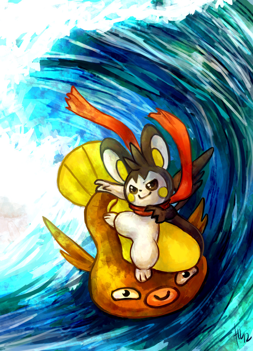 2012 absurd_res ambiguous_gender digital_media_(artwork) duo emolga feral generation_5_pokemon haychel hi_res mammal marine membrane_(anatomy) nintendo outside patagium pokemon pokemon_(species) rodent sciurid semi-anthro stunfisk surfer surfing water wave