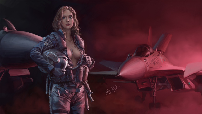 2020 aircraft airplane aks-74u anti-u.n. assault_rifle blonde_hair blue_eyes breasts canards canopy_(aircraft) cleavage dog_tags dusk female fighter_jet fog gloves gun helmet highres jeffholy jet jumpsuit kalashnikov_rifle landing_gear lips long_hair looking_at_viewer macross macross_zero military military_vehicle original oxygen_mask pilot pilot_suit realistic rifle roundel russian_text science_fiction signature su-33 translated unworn_headwear unworn_helmet weapon when_you_see_it wolf