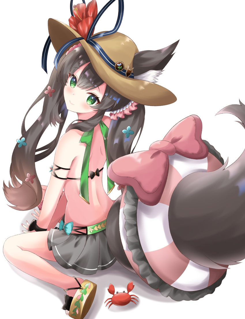 absurdres animal_ears bad_id bad_twitter_id chigusa_hana commentary_request crab female fox_ears fox_tail green_eyes hair_between_eyes hair_ornament hat highres hikarin0502 indie_virtual_youtuber innertube long_hair looking_back ribbon sitting skirt smile solo straw_hat swim_ring tail virtual_youtuber wariza white_background