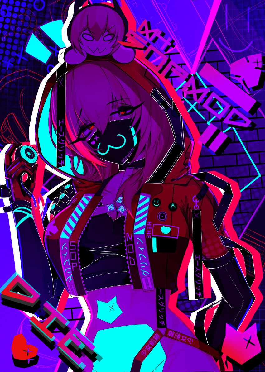 absurdres ace_glitch alternate_costume arm_behind_back black_choker black_mask black_shirt breasts character_name choker crop_top cyberpunk female girls'_frontline gloves grin highres holding_eyeball hood hood_up jacket long_hair long_sleeves looking_at_viewer m4_sopmod_ii_(girls'_frontline) m4_sopmod_ii_jr masked medium_breasts multicolored_clothes multicolored_jacket neon_lights open_clothes open_jacket pink_hair red_eyes red_gloves red_hood red_jacket shirt smile solo standing upper_body yandere