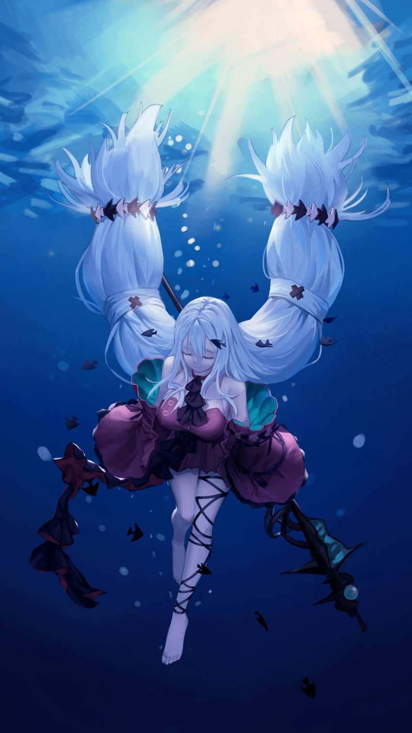 arknights bare_legs bare_shoulders barefoot bow bowtie breasts closed_mouth dress feet female hair_ornament hairband hairclip highres holding holding_staff large_breasts leg_belt light long_hair ocean official_alternate_costume ribbon senba_(592683801) skadi_(arknights) skadi_the_corrupting_heart_(arknights) solo staff twintails underwater weapon white_hair