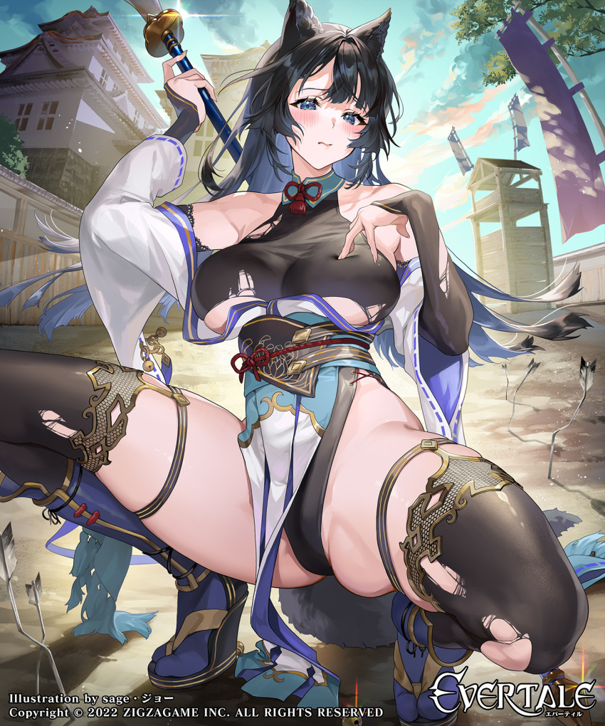 animal_ears artist_name black_hair blue_eyes breasts closed_mouth company_name copyright_name copyright_notice cross-laced_clothes evertale female highres large_breasts leotard long_hair looking_at_viewer official_art outdoors pelvic_curtain rin_(evertale) sage_joh solo squatting thighhighs torn_clothes