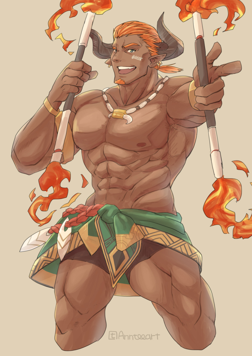 1boy abs anntee bara bare_pectorals blush clothes_around_waist cropped_legs dark-skinned_male dark_skin draph facial_hair facial_tattoo fire goatee granblue_fantasy highres jewelry lantana_(granblue_fantasy) large_pectorals male_focus mature_male muscular muscular_male navel necklace nipples pectorals pointy_ears shirt shirt_around_waist short_hair smile solo stomach tattoo thick_thighs thighs tooth_necklace tribal