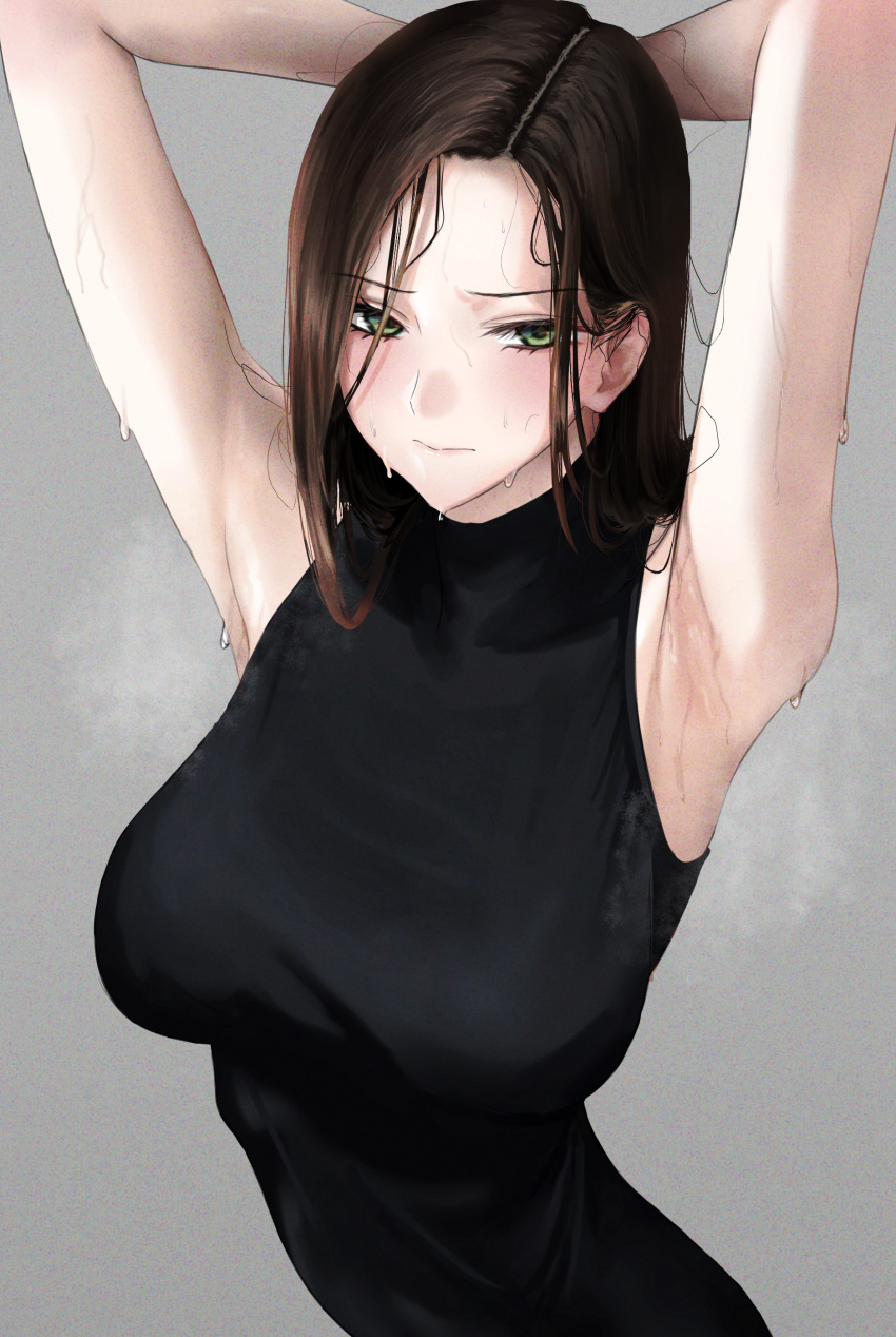 absurdres altair_(reincarnation_of_the_suicidal_battle_god) armpit_focus armpits arms_behind_head black_dress blush breasts brown_hair closed_mouth commission commissioner_upload dress embarrassed female green_eyes grey_background hanging_breasts highres medium_breasts medium_hair non-web_source out_type_(outtypeex) reincarnation_of_the_suicidal_battle_god skeb_commission solo sweat upper_body