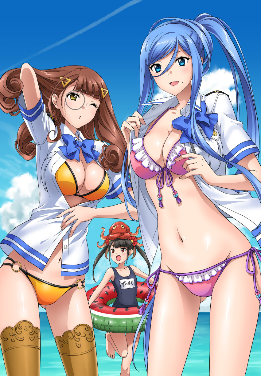 3girls :d :o absurdres animal_on_head aoki_hagane_no_arpeggio arm_behind_head ass_visible_through_thighs barefoot beads bikini bikini_under_clothes black_hair blue_bow blue_bowtie blue_eyes blue_hair blue_one-piece_swimsuit blue_sky blunt_bangs blush bow bowtie breast_pocket breasts brown_hair character_name chestnut_mouth cleavage cloud collarbone collared_shirt commentary_request contrail cowboy_shot curly_hair day eyewear_strap flat_chest food_print frilled_bikini frills front-tie_bikini_top front-tie_top groin hair_between_eyes hair_ornament hair_rings hairpin hand_in_own_hair high_ponytail highres holding holding_swim_ring horizon hyuuga_(aoki_hagane_no_arpeggio) innertube itsuki_sayaka lace-trimmed_thighhighs lace_trim large_breasts leg_lift long_hair looking_at_viewer looking_up marine_day medium_breasts military_uniform mole mole_under_mouth monocle multi-strapped_bikini multiple_girls name_tag naval_uniform navel o-ring o-ring_bikini o-ring_bottom ocean octopus old_school_swimsuit on_head one-piece_swimsuit one_eye_closed open_clothes open_mouth open_shirt outdoors parted_bangs pink_bikini pink_lips pocket ponytail red_eyes round_eyewear school_swimsuit shirt side-tie_bikini_bottom sidelocks sky smile standing standing_on_one_leg straight_hair string_bikini swept_bangs swim_ring swimsuit takao_(aoki_hagane_no_arpeggio) thigh_gap thighhighs twintails unbuttoned undressing uniform v-shaped_eyebrows very_long_hair water watermelon_print white_shirt yellow_bikini yellow_eyes yellow_thighhighs zuikaku_(aoki_hagane_no_arpeggio)