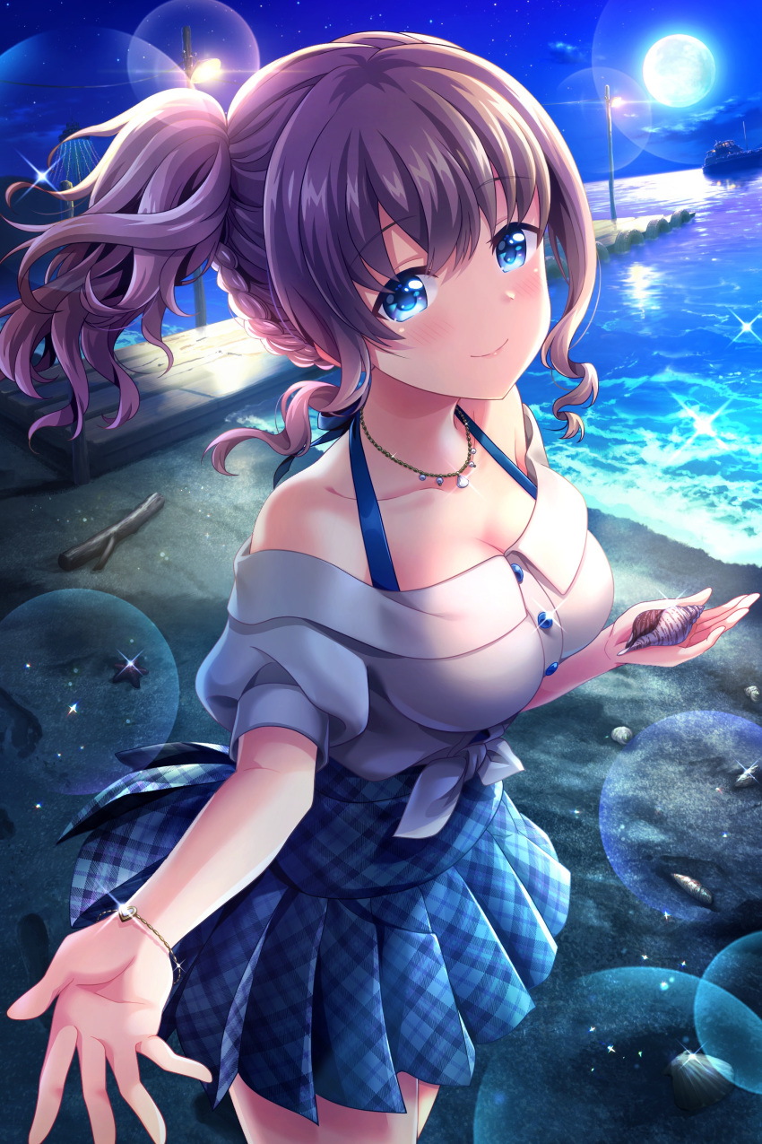 absurdres alternative_girls arimura_shion beach blue_eyes blue_skirt breasts brown_hair cleavage closed_mouth female full_moon highres holding jewelry looking_at_viewer moon necklace night ocean official_art open_hand seashell shell shirt skirt smile solo white_shirt