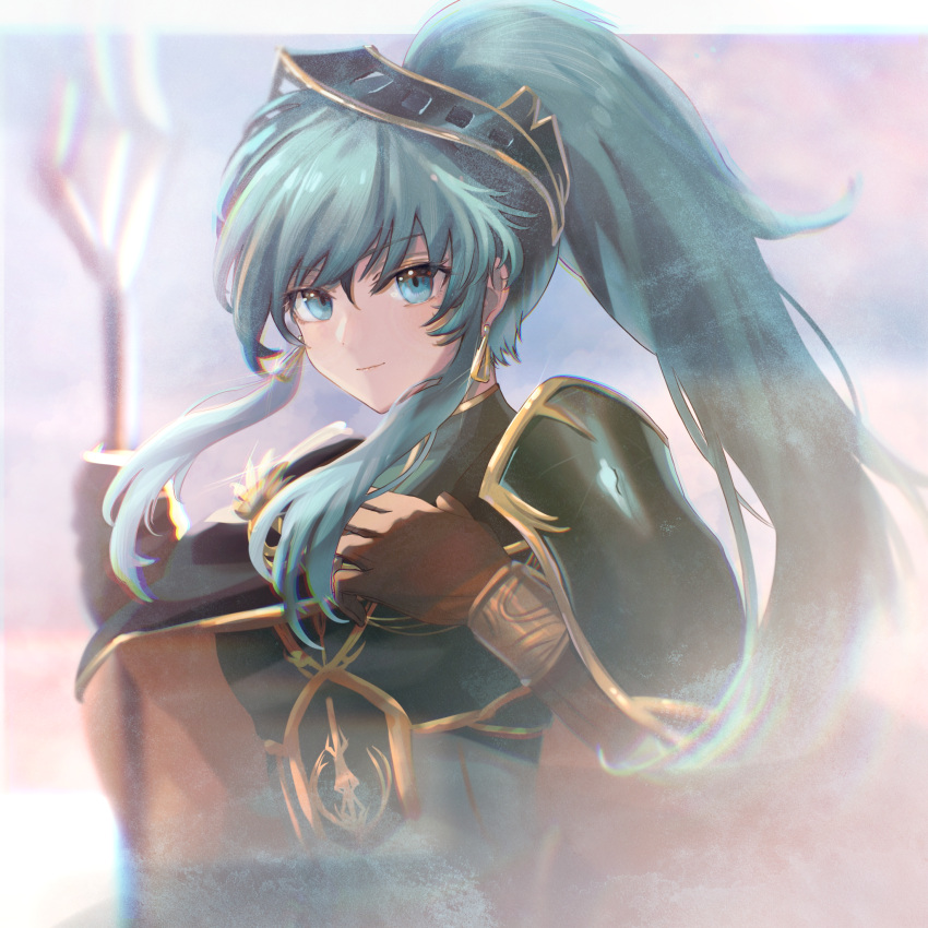 alternate_hairstyle aqua_eyes aqua_hair armor bracelet breastplate cape commentary cosplay earrings eirika_(fire_emblem) eirika_(pledged_restorer)_(fire_emblem) elbow_gloves ephraim_(fire_emblem) ephraim_(fire_emblem)_(cosplay) feh_xeri female fire_emblem fire_emblem:_the_sacred_stones fire_emblem_heroes gloves hair_ornament highres holding holding_weapon jewelry long_hair looking_at_viewer official_alternate_costume polearm ponytail shoulder_armor sidelocks smile solo spear upper_body weapon