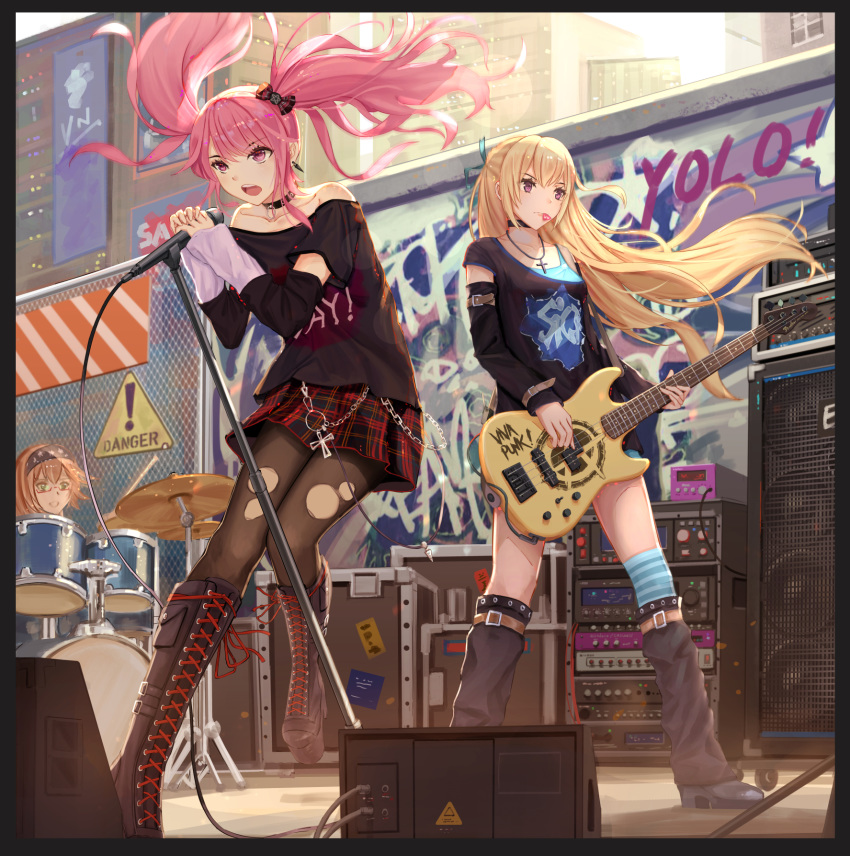 3girls amplifier arm_belt bang_dream! bare_shoulders bass_guitar belt_chain black_border black_choker black_footwear black_pantyhose black_shirt black_skirt black_sleeves blonde_hair blue_thighhighs boots border bow box brown_hair building cable chain-link_fence chains choker clothes_writing collarbone commentary cross cross-laced_footwear cross_necklace day detached_sleeves drum drum_set drumsticks earrings english_commentary fence floating_hair gaiters glasses graffiti green_eyes grey_border guitar hair_ribbon hairbow headband high_heel_boots high_heels highres holding holding_instrument holding_microphone instrument jewelry knee_boots lace-up_boots long_hair long_sleeves maruyama_aya microphone microphone_stand miniskirt mouth_hold multicolored_clothes multicolored_skirt multiple_girls music necklace off-shoulder_shirt off_shoulder open_mouth outdoors over-kneehighs pantyhose pastel_palettes_(bang_dream!) pentagram pink_eyes pink_hair plaid plaid_skirt playing_instrument pleated_skirt plectrum print_shirt punk purple_eyes red-framed_eyewear red_skirt ribbon scar scar_on_leg semi-rimless_eyewear shirasagi_chisato shirt short_sleeves sidelocks sign singing single_over-kneehigh single_thighhigh skirt sleeves_past_wrists smile speaker stage standing standing_on_one_leg striped_clothes striped_thighhighs thighhighs torn_clothes torn_pantyhose twintails under-rim_eyewear very_long_hair wallet_chain warning_sign yamato_maya yuzuriha_(atelier_liang)