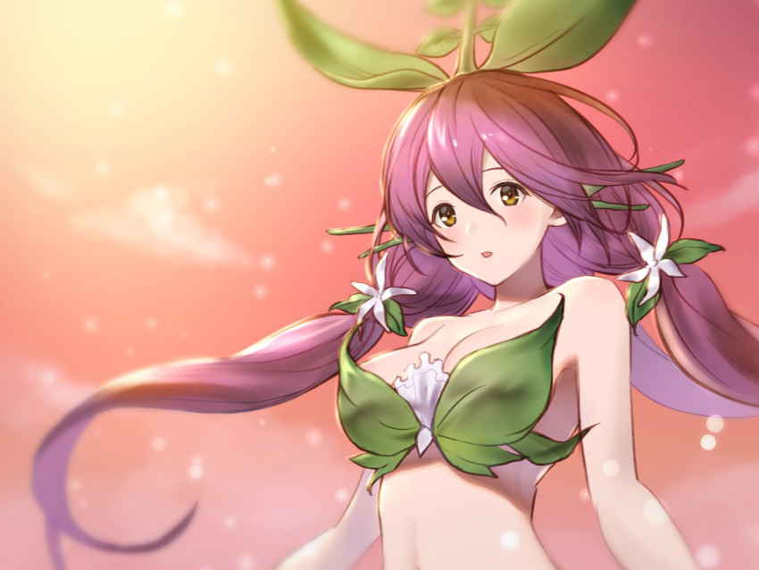 bare_arms blurry blurry_background breasts brown_eyes cleavage female floating_hair flower granblue_fantasy hair_between_eyes hair_flower hair_ornament hanosuke large_breasts leaf_bra long_hair low_twintails midriff monster_girl open_mouth plant_girl purple_hair solo sprout_on_head stomach twintails upper_body very_long_hair white_flower yggdrasil_(granblue_fantasy)