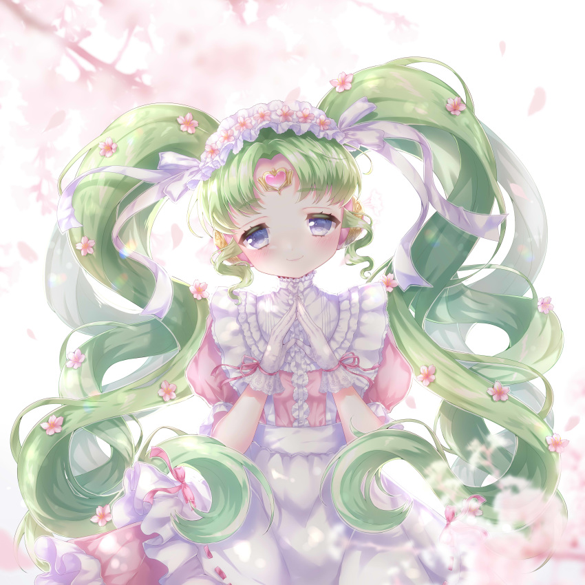 absurdres aki_(akinyaaaaa) apron blue_eyes blush center_frills cherry_blossoms commentary_request curly_hair decora dress falulu falulu_(awakened) female flower forehead_jewel frilled_apron frilled_dress frilled_sleeves frills gloves hair_flower hair_ornament hairband headphones highres lolita_fashion lolita_hairband looking_at_viewer parted_bangs petals pink_dress pink_flower pink_ribbon pretty_series pripara ribbon ribbon-trimmed_apron ribbon_trim short_sleeves sidelocks smile solo steepled_fingers sweet_lolita twintails waist_apron white_apron white_gloves white_hairband white_ribbon