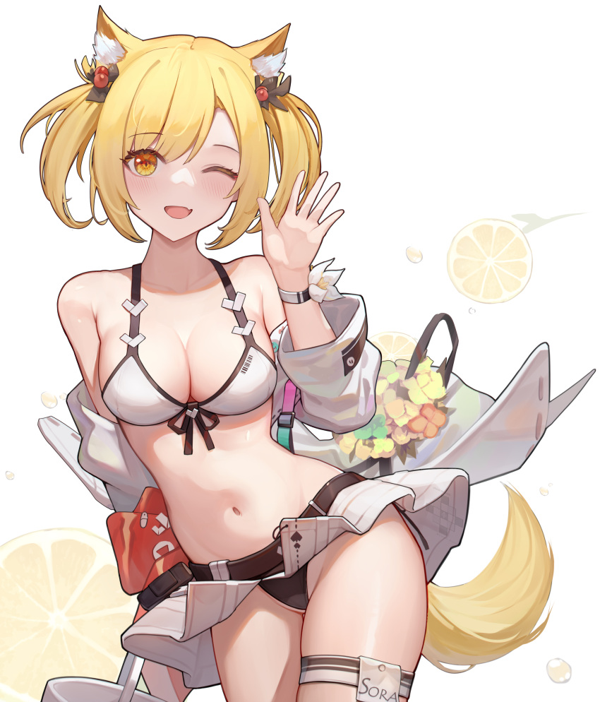 ;d absurdres animal_ear_fluff animal_ears arknights bangs bare_shoulders bikini bikini_skirt blonde_hair blush breasts cleavage cowboy_shot cyanide-whale female groin hand_up highres jacket long_sleeves looking_at_viewer miniskirt official_alternate_costume one_eye_closed open_clothes open_jacket open_mouth revision short_hair simple_background skirt smile solo sora_(arknights) sora_(summer_flowers)_(arknights) standing swimsuit tail thigh_strap thighs twintails white_background white_bikini white_jacket white_skirt wolf_ears wolf_tail yellow_eyes