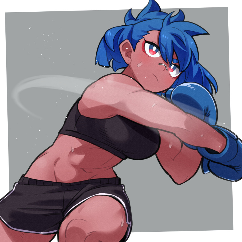 abs absurdres aoi_(amazu) bare_shoulders black_shorts blue_hair boxing_gloves breasts commentary crop_top english_commentary female grey_background hair_between_eyes highres kanke_(kank06020602) looking_away medium_breasts navel original punching red_eyes short_eyebrows short_shorts shorts solo sweat thick_eyebrows two-tone_background white_background