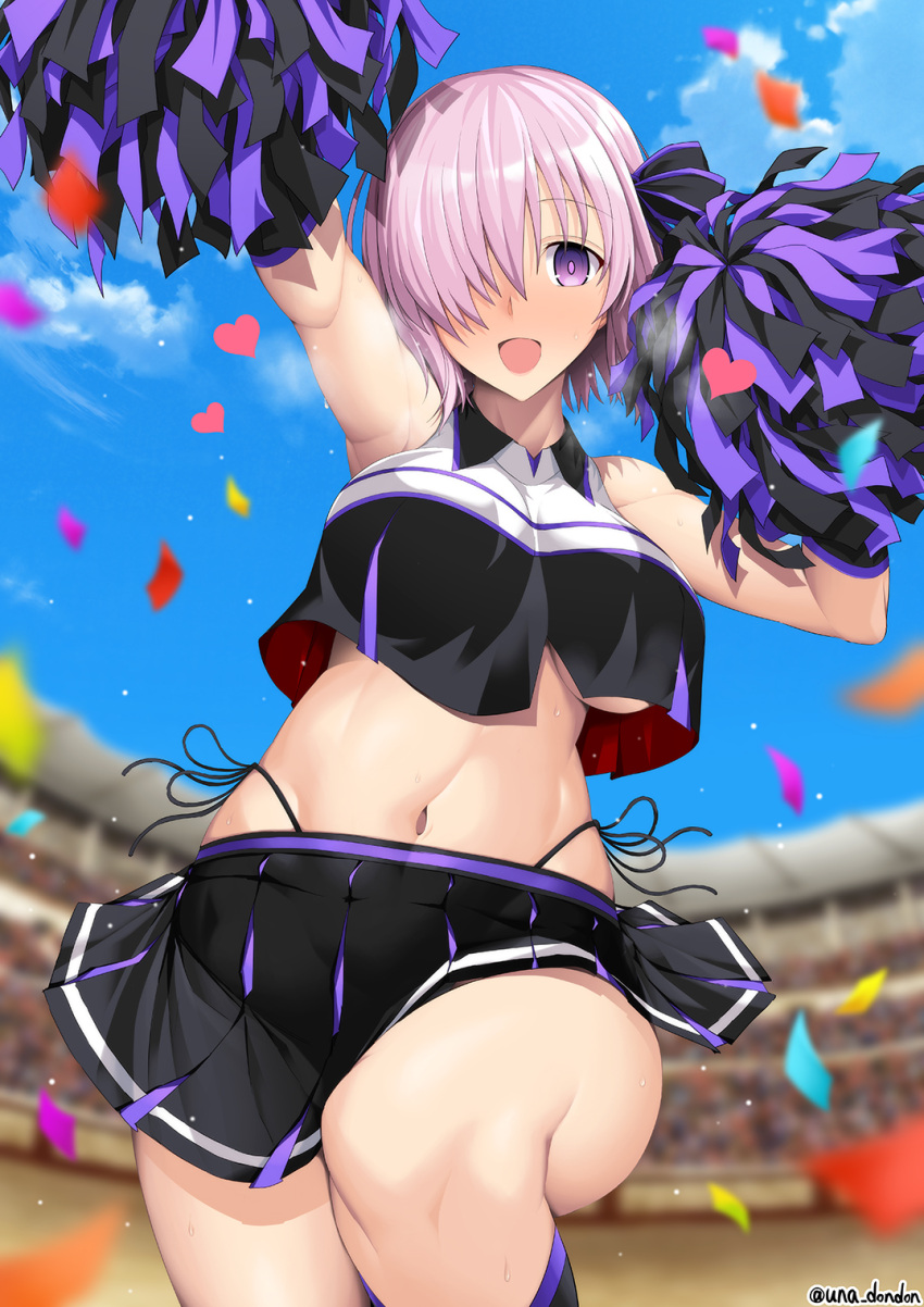 bare_shoulders black_skirt black_socks breasts brynhildr_(cheer_for_master)_(fate) brynhildr_(fate) brynhildr_(fate)_(cosplay) cheerleader cloud colosseum confetti cosplay crop_top fate/grand_order fate_(series) female hair_over_one_eye heart highleg highleg_panties highres knee_up large_breasts mash_kyrielight midriff navel open_mouth outdoors panties pleated_skirt pom_pom_(cheerleading) purple_eyes purple_hair purple_skirt short_hair side-tie_panties skirt sky sleeveless socks solo twitter_username two-tone_skirt unadon underboob underwear