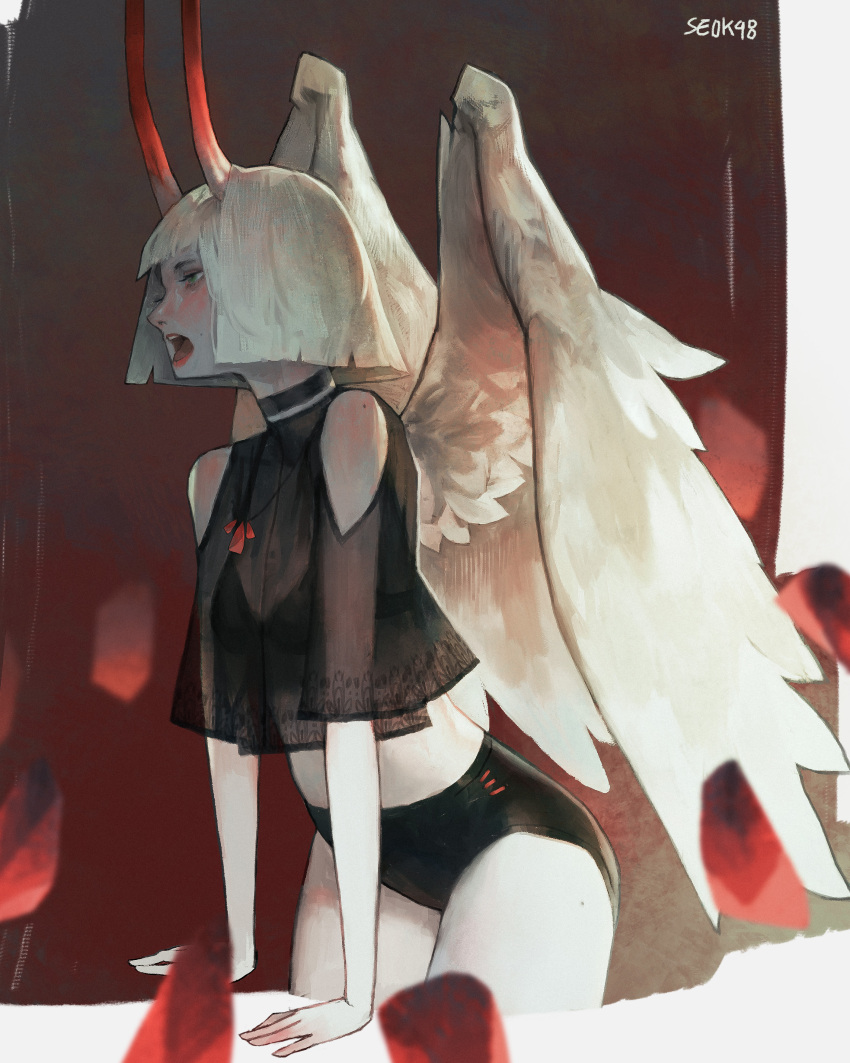 absurdres angel_wings artist_name black_bra bra english_commentary female gradient_horns green_eyes highres horns mole mole_on_cheek mole_on_shoulder mole_on_thigh multicolored_horns oni original pale_skin petals see-through_clothes seok98 short_hair solo underwear white_hair wings