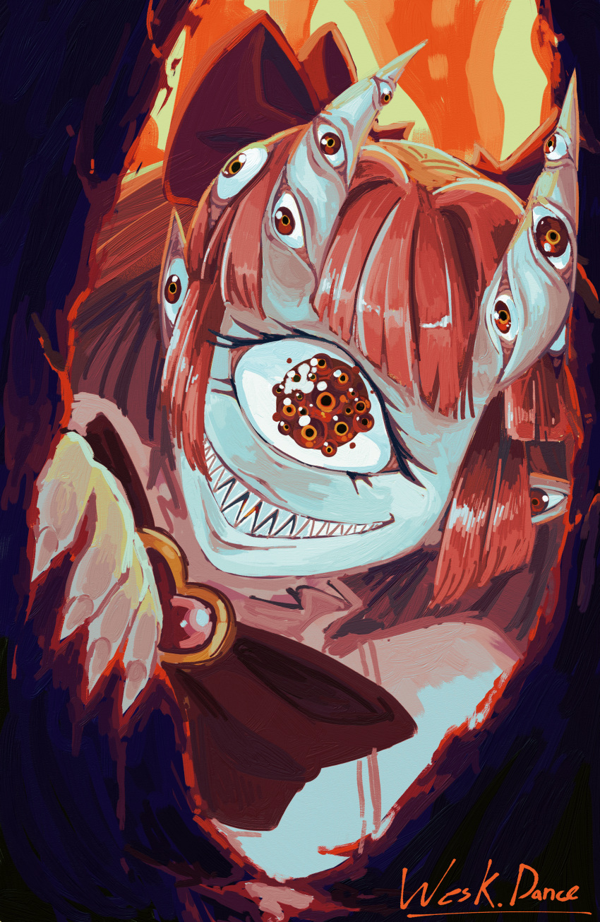 absurdres black_bow blunt_bangs body_horror bow brooch cecihime_(vtuber) commentary dark_foreground english_commentary extra_eyes extra_pupils female fiery_background fingernails fire grin hairbow head_tilt heart heart_brooch highres indie_virtual_youtuber jewelry long_hair looking_at_viewer one-eyed pointy_ears red_hair sharp_fingernails sharp_teeth sidelocks smile solo teeth virtual_youtuber wes_k._dance