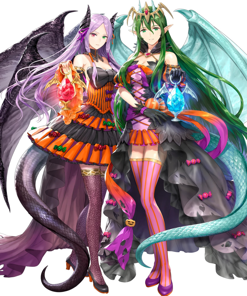 2girls dragon_girl dragon_tail dragon_wings fire_emblem fire_emblem:_new_mystery_of_the_emblem fire_emblem:_shadow_dragon fire_emblem:_the_binding_blade fire_emblem_heroes highres idunn_(fire_emblem) idunn_(halloween)_(fire_emblem) multiple_girls nagi_(fire_emblem) nagi_(halloween)_(fire_emblem) non-web_source official_alternate_costume official_art tail wings