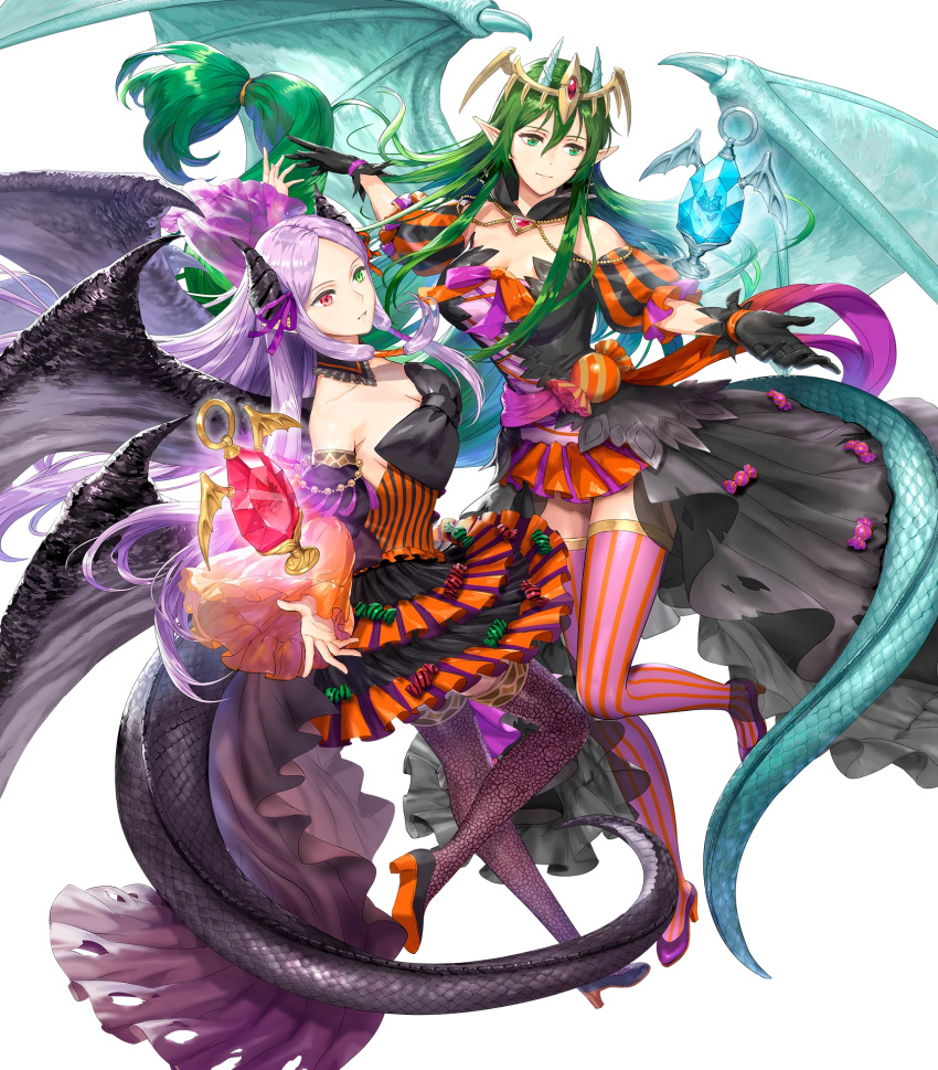 2girls dragon_girl dragon_tail dragon_wings fire_emblem fire_emblem:_new_mystery_of_the_emblem fire_emblem:_shadow_dragon fire_emblem:_the_binding_blade fire_emblem_heroes highres idunn_(fire_emblem) idunn_(halloween)_(fire_emblem) multiple_girls nagi_(fire_emblem) nagi_(halloween)_(fire_emblem) non-web_source official_alternate_costume official_art tail wings