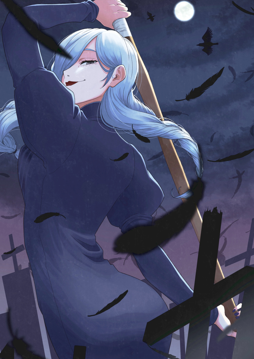 absurdres ass axe bird black_dress black_feathers braid braided_bangs braided_ponytail crow dress feathers female gon_(kyando_ru1025) graveyard hair_over_face hair_over_one_eye highres holding holding_axe holding_weapon jujutsu_kaisen long_hair long_sleeves looking_at_viewer mei_mei_(jujutsu_kaisen) moon one_eye_covered puffy_sleeves red_lips smile solo tight_clothes tight_dress turtleneck turtleneck_dress weapon white_hair