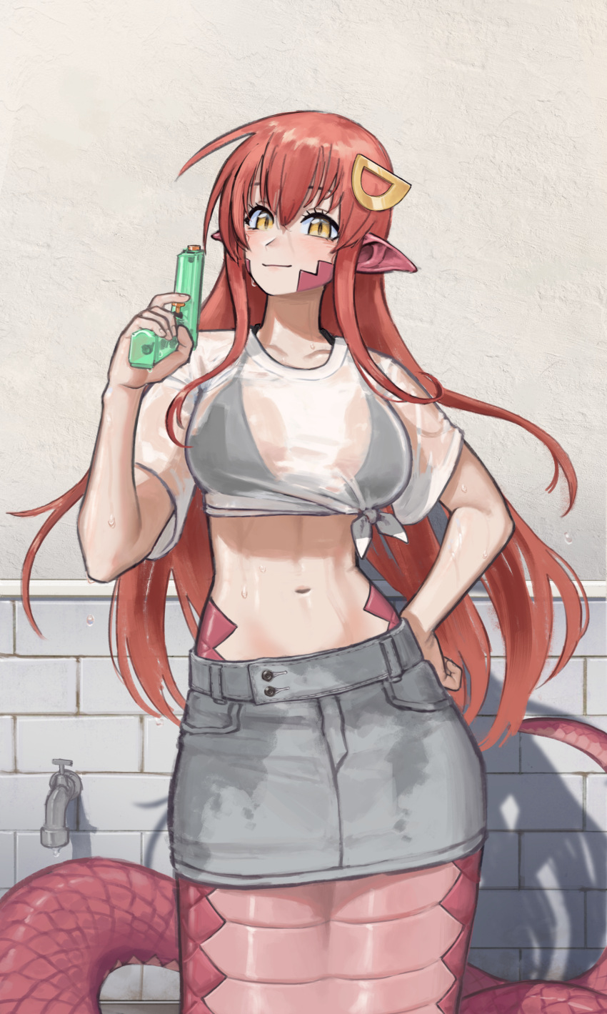 absurdres bikini black_bikini commission commissioner_upload contrapposto day denim denim_skirt female finger_on_trigger grey_skirt hair_between_eyes hair_ornament halfbakelim hand_on_own_hip highres holding holding_water_gun lamia light_smile long_hair looking_at_viewer miia_(monster_musume) monster_girl monster_musume_no_iru_nichijou non-web_source outdoors pointy_ears red_hair red_scales scales see-through_clothes shirt short_sleeves sidelocks skirt slit_pupils solo standing sweat swimsuit tied_shirt very_long_hair water_gun wet wet_clothes white_shirt