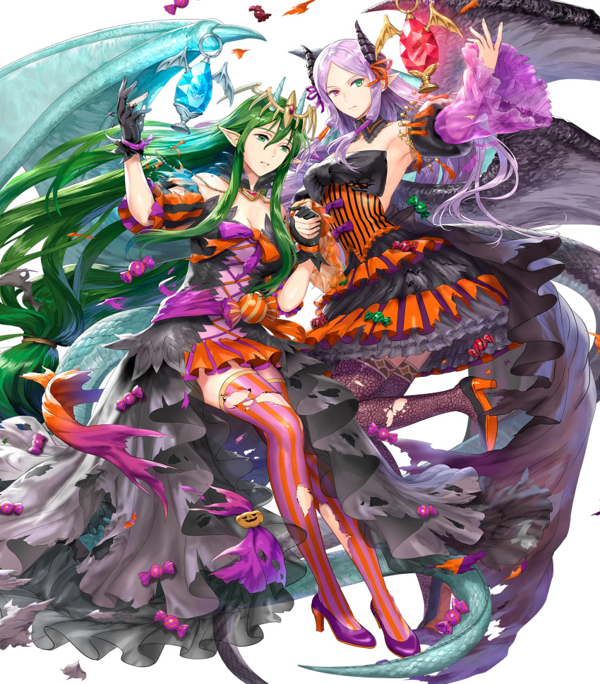 2girls dragon_girl dragon_tail dragon_wings fire_emblem fire_emblem:_new_mystery_of_the_emblem fire_emblem:_shadow_dragon fire_emblem:_the_binding_blade fire_emblem_heroes highres idunn_(fire_emblem) idunn_(halloween)_(fire_emblem) multiple_girls nagi_(fire_emblem) nagi_(halloween)_(fire_emblem) non-web_source official_alternate_costume official_art tail wings