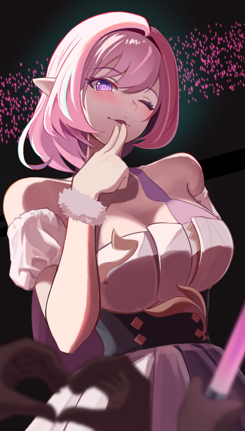 2others absurdres bare_shoulders blush breasts cleavage commentary_request detached_sleeves elysia_(herrscher_of_human:_ego)_(honkai_impact) elysia_(honkai_impact) female glowstick hand_up heart heart_hands high-waist_skirt highres honkai_(series) honkai_impact_3rd large_breasts long_hair looking_at_viewer multiple_others one_eye_closed parted_lips pink_hair pleated_skirt puffy_short_sleeves puffy_sleeves purple_eyes short_sleeves skirt solo_focus very_long_hair white_skirt white_sleeves yu_da_yu_da