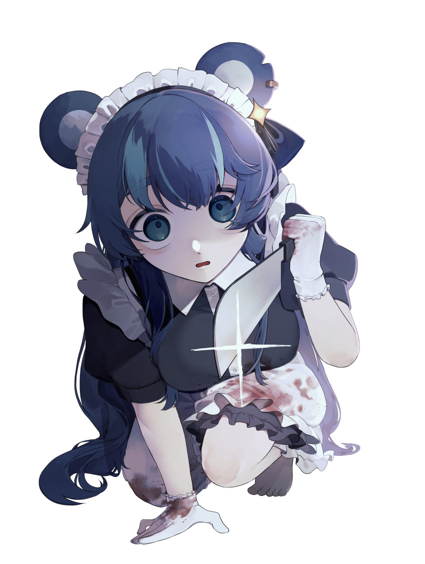 absurdres animal_ears apron bear_ears bear_girl black_dress blood blood_on_clothes blue_eyes blue_hair commission dress earrings female fujikura_uruka gloves highres holding holding_knife jewelry knife long_hair maid maid_headdress multicolored_hair oji25 phase_connect second-party_source streaked_hair virtual_youtuber white_apron white_gloves yandere