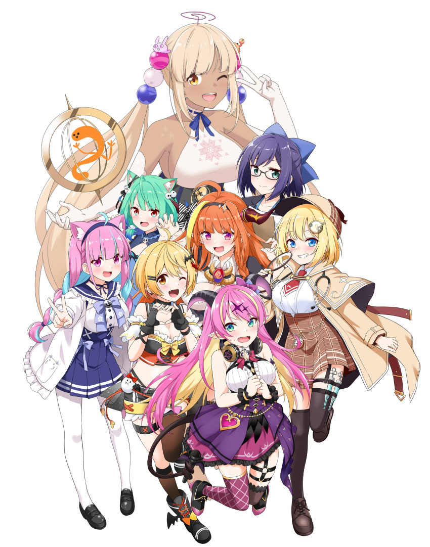 6+girls a-chan_(1st_costume)_(hololive) a-chan_(hololive) absurdres ahoge animal_ears asymmetrical_legwear bat_hair_ornament black-framed_eyewear black_thighhighs blonde_hair blue_dress blue_eyes blue_hair blue_sailor_collar blue_skirt blush breasts brown_capelet brown_eyes brown_hat brown_jacket capelet cat_ears colored_inner_hair dark-skinned_female dark_skin demon_girl demon_horns demon_tail dress elbow_gloves felutiahime glasses gloves hair_ornament hat highres holding holding_magnifying_glass hololive hololive_english horns jacket kaniko_(tsukumo_sana) kiryu_coco kiryu_coco_(1st_costume) large_breasts light_brown_hair limiter_(tsukumo_sana) looking_at_viewer magnifying_glass mano_aloe minato_aqua minato_aqua_(sailor) multicolored_hair multiple_girls necktie one_eye_closed open_mouth orange_hair pantyhose pink_hair pink_skirt planet_hair_ornament purple_thighhighs red_eyes red_necktie sailor_collar shirt skirt sleeveless sleeveless_dress smile stopwatch tail thighhighs tsukumo_sana tsukumo_sana_(1st_costume) uruha_rushia uruha_rushia_(1st_costume) usaslug_(tsukumo_sana) v watson_amelia watson_amelia_(1st_costume) white_background white_dress white_gloves white_jacket white_pantyhose white_shirt yatagarasu_(tsukumo_sana) yozora_mel yozora_mel_(2nd_costume)