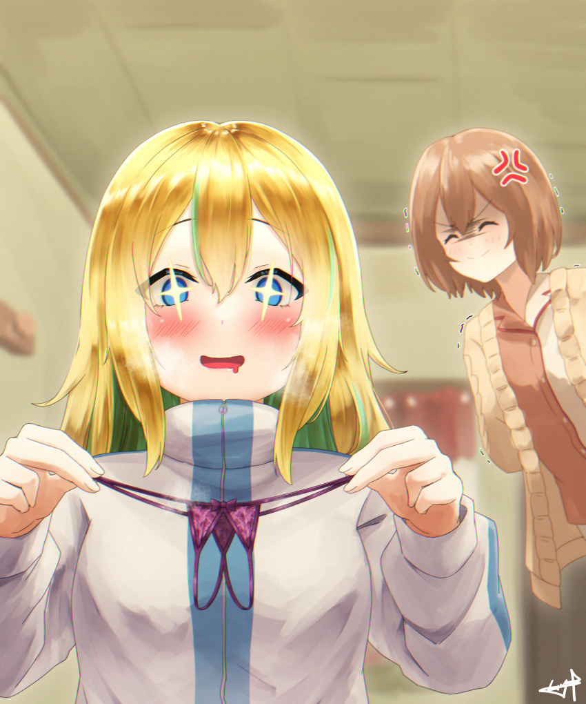 2girls absurdres anger_vein blonde_hair blue_eyes blush brown_cardigan brown_hair brown_shirt cardigan closed_eyes closed_mouth collared_shirt commentary_request dress_shirt drooling forced_smile green_hair highres jacket kouzuki_mahiru mouth_drool multicolored_hair multiple_girls mutsuki_(mutsuki0110) open_cardigan open_clothes open_mouth roots_(hair) shirt short_hair sidelocks signature star-shaped_pupils star_(symbol) streaked_hair symbol-shaped_pupils trembling two-tone_hair white_jacket yamanouchi_kano yoru_no_kurage_wa_oyogenai