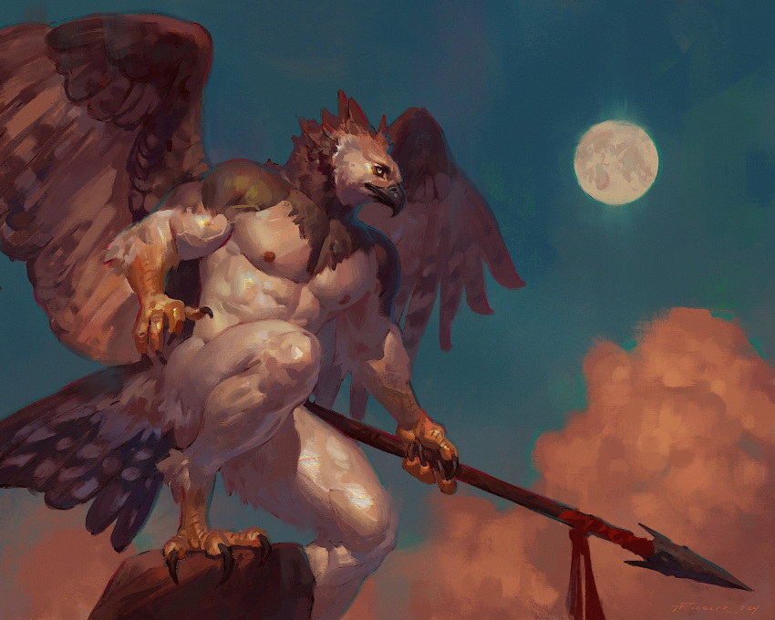 2024 5:4 accipitrid accipitriform anthro avian avian_feet back_wings beak biceps bird black_beak cloud eagle feathered_wings feathers feet full_moon harpy_eagle hi_res holding_melee_weapon holding_object holding_polearm holding_spear holding_weapon looking_forward male melee_weapon moon muscular muscular_anthro nipples non-mammal_nipples nude nude_anthro pecs polearm scuted_arms scuted_legs scutes signature solo spear tail tail_feathers talon_hands talons taran_fiddler toes vein veiny_arms veiny_muscles weapon were wereavian werebird wereeagle weretober wings yellow_scutes