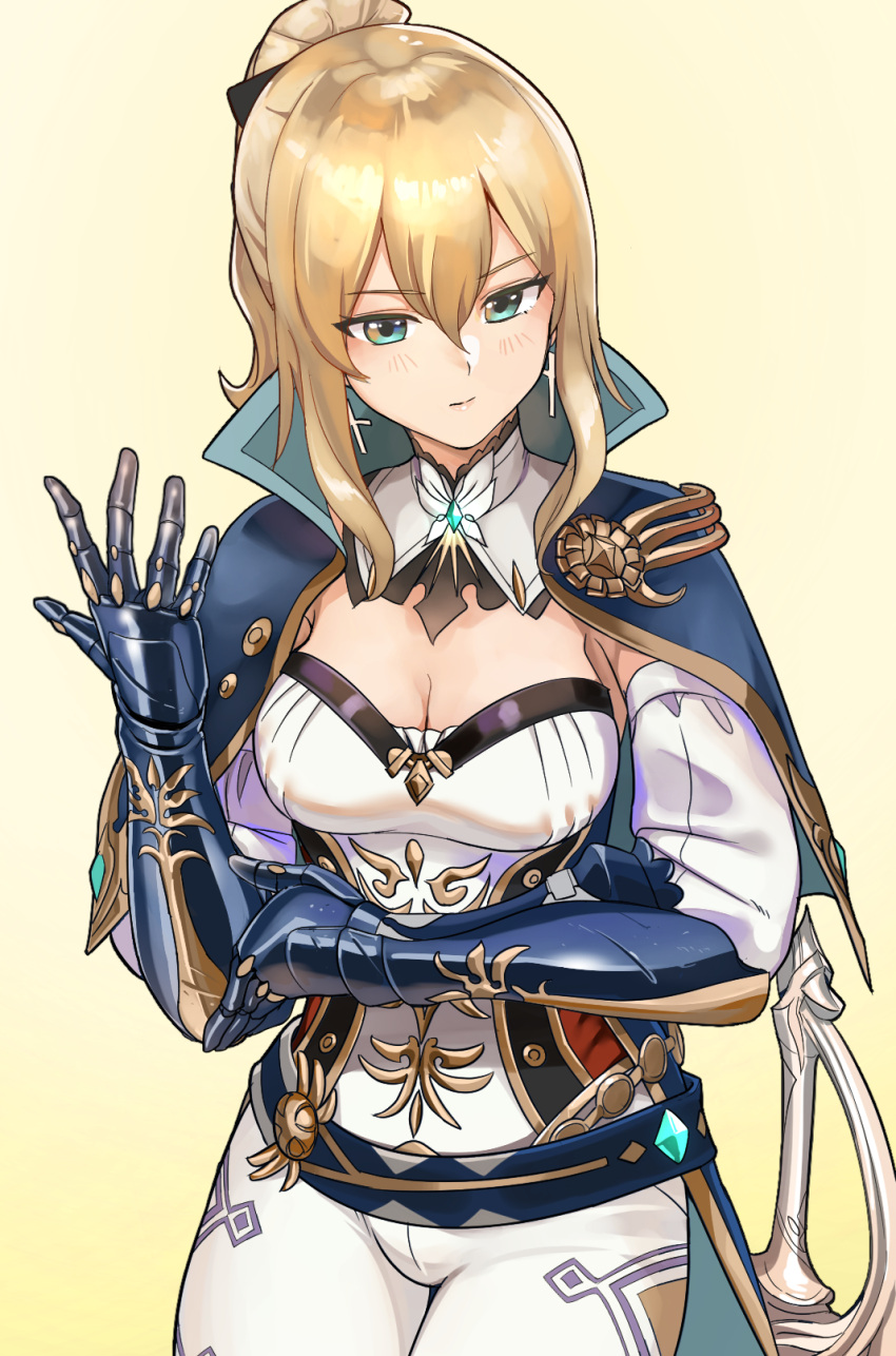 adjusting_armor adjusting_clothes blue_capelet breasts capelet cleavage commentary_request crossed_arms detached_sleeves female gauntlets genshin_impact hair_between_eyes highres jean_(genshin_impact) medium_breasts pants ponytail sheath sheathed sidelocks solo sword upper_body weapon white_pants yewang19