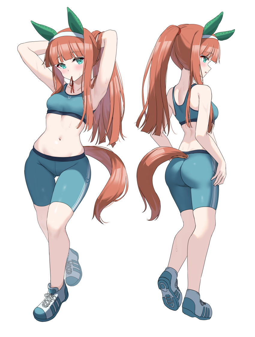 absurdres adjusting_hair alternate_costume animal_ears aqua_eyes aqua_shorts ass bike_shorts blush breasts commentary_request female full_body green_sports_bra highres horse_ears horse_girl horse_tail kibihimi looking_at_viewer medium_breasts mouth_hold multiple_views navel orange_hair ponytail shoes shorts silence_suzuka_(umamusume) simple_background sports_bra standing tail umamusume white_background