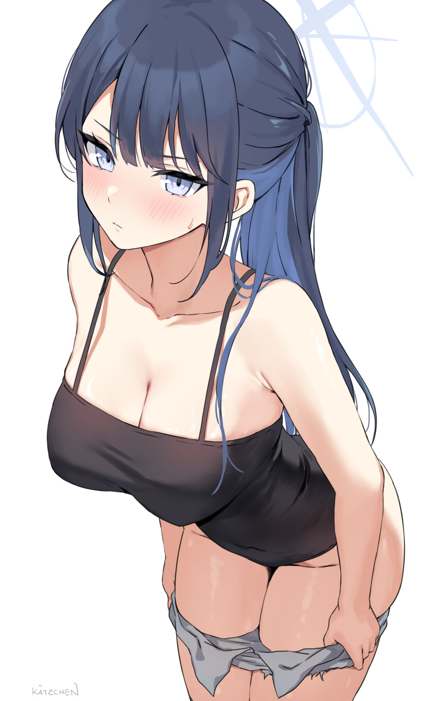 artist_name bare_shoulders black_one-piece_swimsuit black_tank_top blue_archive blue_eyes blue_hair blue_halo blush breasts cleavage closed_mouth commentary denim denim_shorts female grey_shorts groin hair_between_eyes halo highres kaetzchen large_breasts leaning_forward long_hair looking_at_viewer no_bra one-piece_swimsuit ponytail pulling_own_clothes saori_(blue_archive) saori_(swimsuit)_(blue_archive) shorts simple_background spaghetti_strap strap_gap sweatdrop swimsuit tank_top thighs undressing white_background