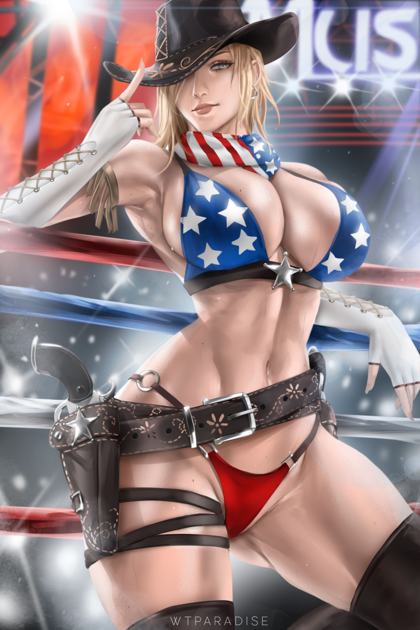 american_flag american_flag_bikini american_flag_print artist_name belt bikini breasts brown_belt brown_thighhighs cleavage closed_mouth cowboy_hat dead_or_alive dead_or_alive_5 female fingerless_gloves flag_print gloves hat hat_over_one_eye highres holster large_breasts lips looking_at_viewer mole mole_on_breast navel print_bikini smile solo swimsuit tecmo thick_thighs thighhighs thighs tina_armstrong white_gloves wrestling_ring wtparadise