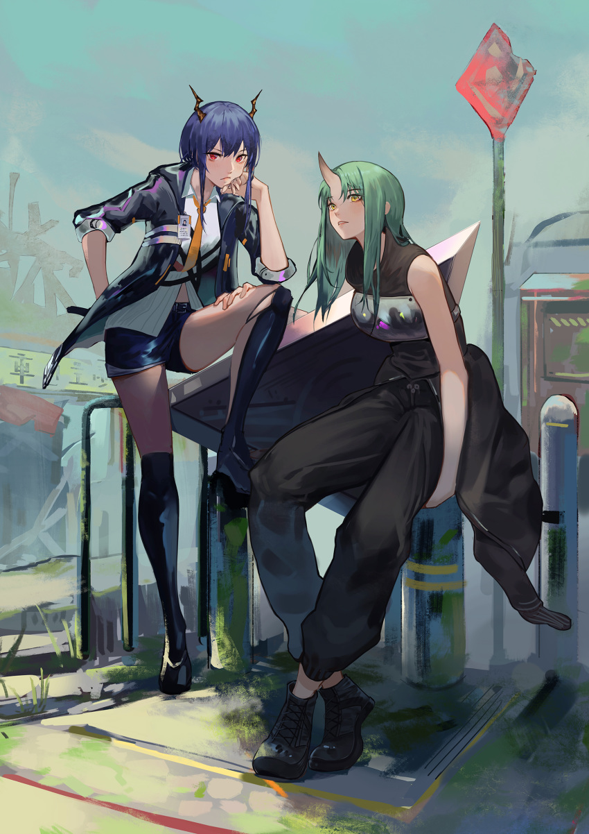 2girls ankle_boots arknights armor bare_arms bare_shoulders black_footwear black_jacket black_pants black_shirt blue_hair boots breastplate ch'en_(arknights) commentary dragon_horns green_hair hand_up hannya_(arknights) highres horns hoshiguma_(arknights) jacket krin_(krinnin) long_hair looking_at_viewer multiple_girls necktie outdoors pants photoshop_(medium) red_eyes shield shin_guards shirt shoes short_shorts short_sleeves shorts single_horn sitting sleeveless sleeveless_shirt thighs white_shirt yellow_eyes yellow_necktie