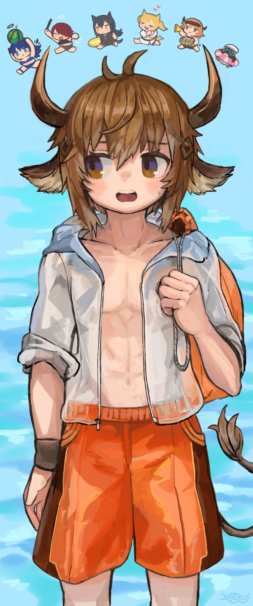 2boys 5girls :d abs absurdres ahoge animal_ears arknights beach bikini bison_(arknights) black_hair blue_background blue_eyes blue_hair blue_sky blush brown_eyes brown_hair buchi0122 chibi collarbone cow_boy cow_ears cow_horns cow_tail cowboy_shot croissant_(arknights) day emperor_(arknights) exusiai_(arknights) feet_out_of_frame food fruit hair_between_eyes halo hand_up highres holding holding_food hood hood_down hooded_jacket horns innertube jacket looking_at_viewer looking_to_the_side male_focus male_swimwear mostima_(arknights) multiple_boys multiple_girls navel ocean open_clothes open_jacket open_mouth outdoors see-through shirt short_hair short_sleeves shorts skewer sky smile solo_focus sora_(arknights) standing sweat sweatdrop swim_ring swim_trunks swimsuit tail teeth texas_(arknights) toned upper_teeth_only water watermelon white_jacket wristband