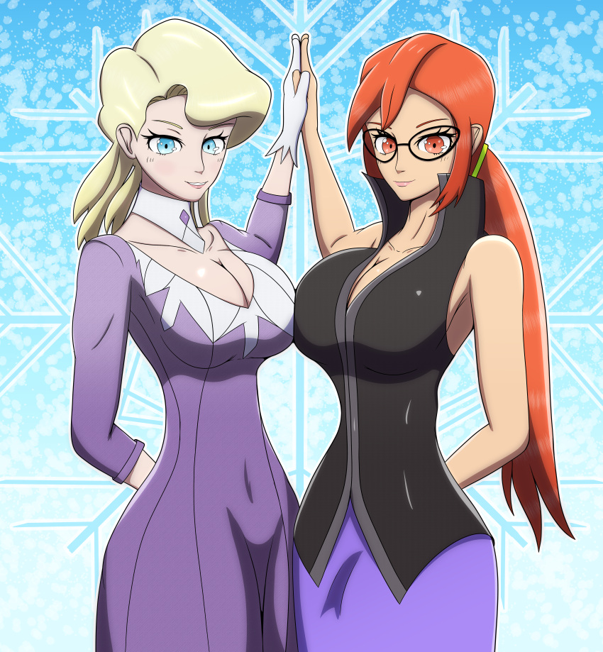 2girls absurdres blonde_hair blue_eyes blue_skirt braid breasts choker cleavage cleavage_cutout clothing_cutout collar collarbone dress formal glacia_(pokemon) glasses gloves highres juliet_sleeves long_sleeves lorelei_(pokemon) low-cut multiple_girls pokemon pokemon_frlg pokemon_oras ponytail puffy_short_sleeves puffy_sleeves purple_dress quad_tails red_eyes red_hair short_hair short_sleeves skirt sleeveless sleeveless_jacket sleeves_past_elbows snow suit white_choker