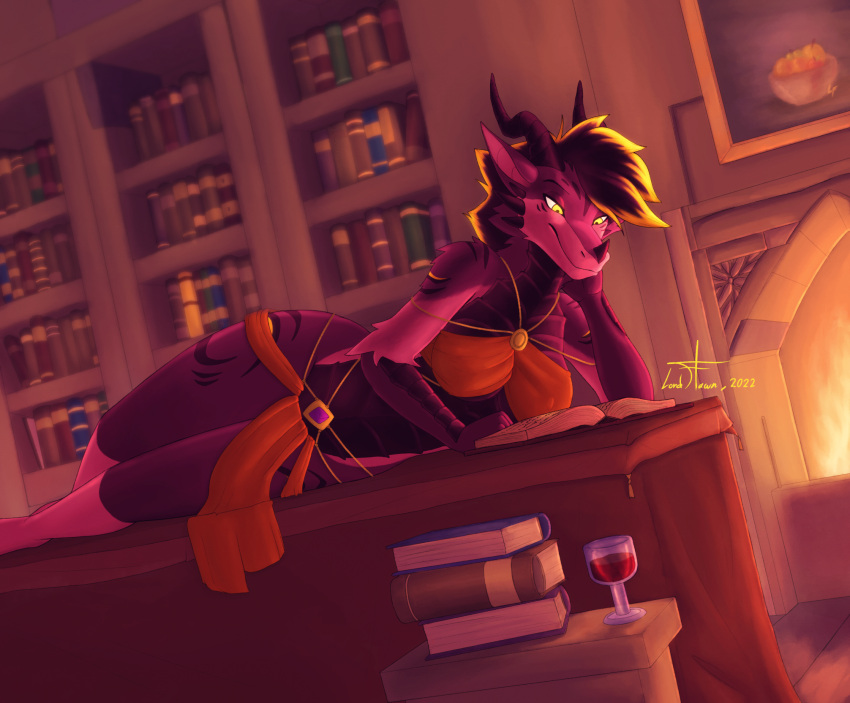 anthro big_breasts book bookshelf breasts clothing container cup dragon drinking_glass female fireplace food forearms fruit fur fur_markings furniture furred_dragon furred_scalie glass glass_container glass_cup glowing glowing_eyes hair hand_on_cheek hi_res horn inside lordflawn lying lying_on_sofa markings multicolored_body mythological_creature mythological_scalie mythology narrowed_eyes on_side on_sofa painting plant purple_body purple_fur reading scaled_forearms scales scalie signature sofa two_tone_body wine_glass yellow_eyes