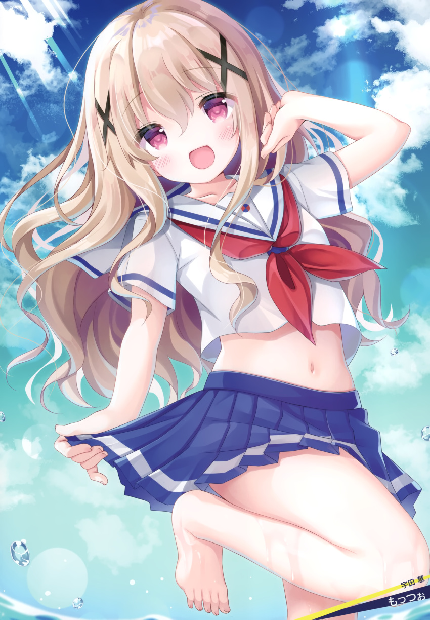 :d absurdres artist_name barefoot blonde_hair blue_skirt blue_sky blush character_name cloud collarbone collared_shirt day female floating_hair hair_between_eyes hair_ornament high_school_fleet highres lens_flare long_hair looking_at_viewer midriff miniskirt mottso navel neckerchief official_art open_mouth outdoors pleated_skirt red_eyes red_neckerchief sailor_collar sailor_shirt scan school_uniform serafuku shirt short_sleeves skirt skirt_hold sky smile solo standing standing_on_one_leg stomach sunlight uda_megumi very_long_hair white_sailor_collar white_shirt x_hair_ornament yokosuka_girls_marine_high_school_uniform